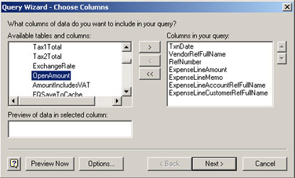 Choice of QuickBooks tables and columns for report